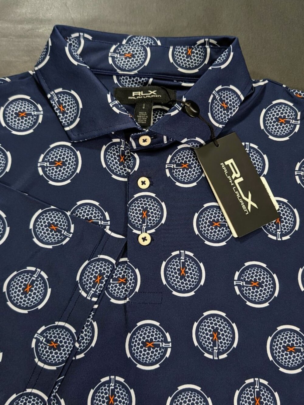 RLX Polo Shirt Men`s L Navy Golf Ball Print Ralph Lauren Featherweight Airflow